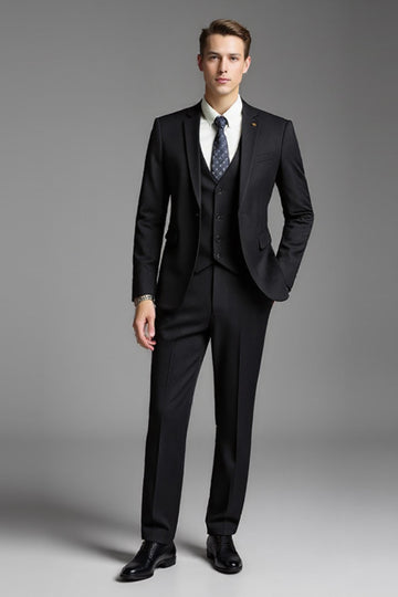 Preto Sólido Slim Fit Notched Lapela 3 Peças Fato Homem